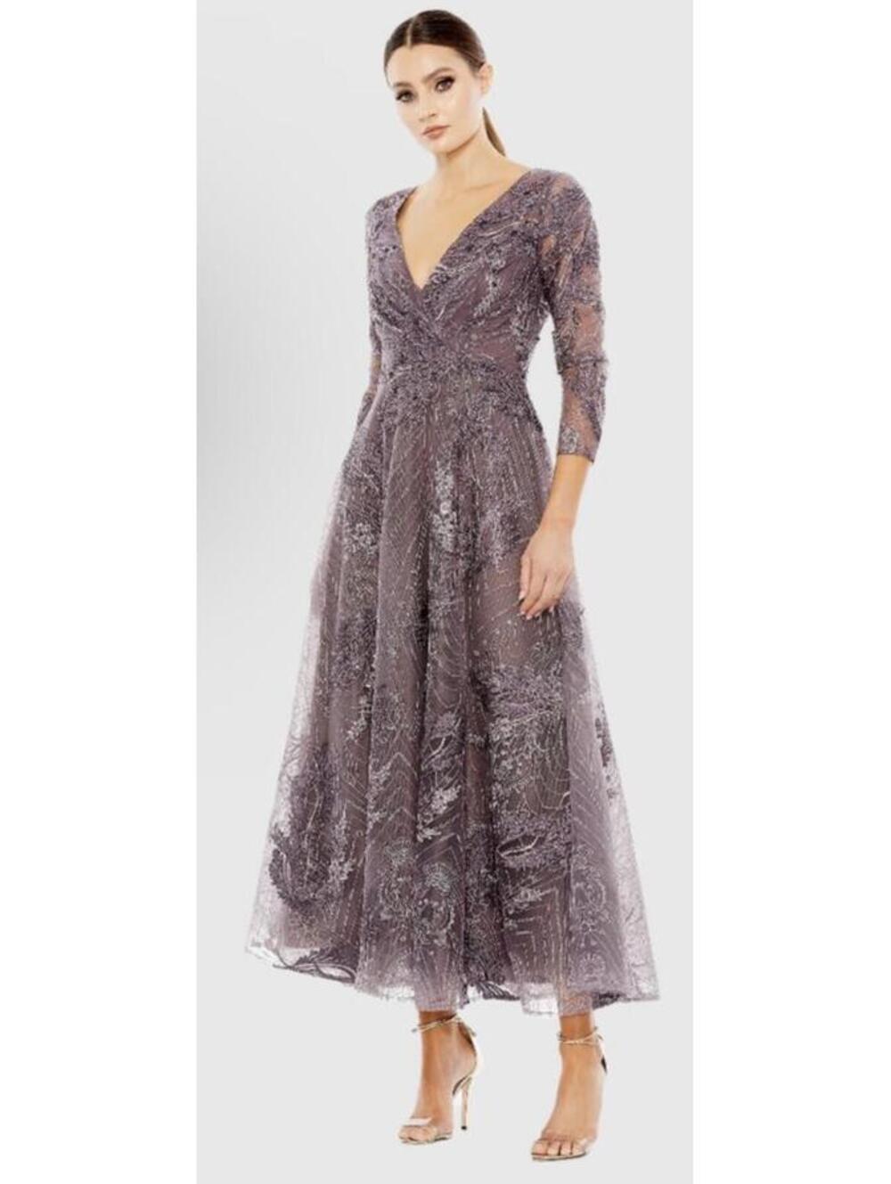 New MAC DUGGAL Purple Embellished Wrap Over 3/4 Sleeve Dress In Aubergine Sz 16
